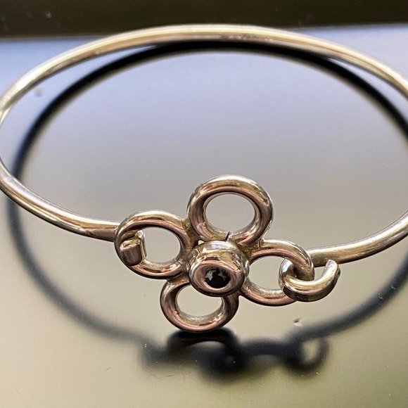 Vintage Mexico 925 Silver Flower Bracelet w/Black Crystal - Picture 1 of 10